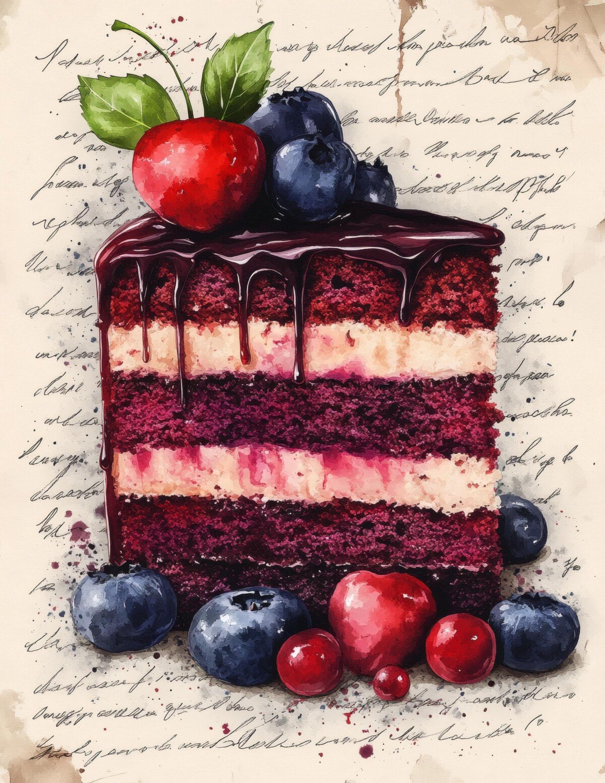 Berry-topped layered cake on cream script paper