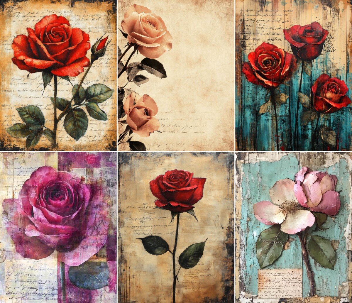 Antique rose junk journal pages with red and pink roses on vintage paper