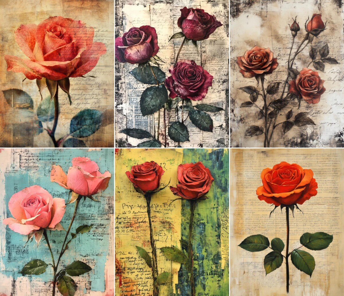Antique rose illustrations with pink and deep red blooms