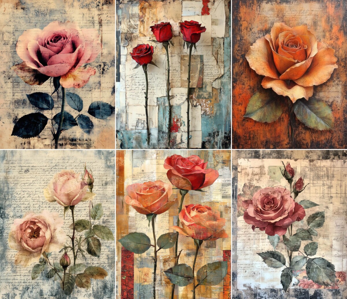 Pink and orange roses over distressed paper layers