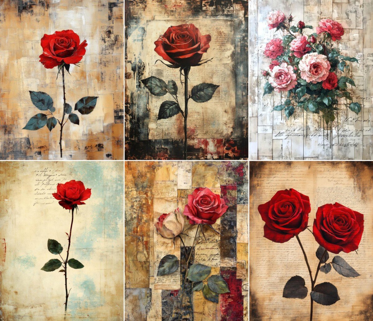 Single rose stems and floral clusters on vintage paper