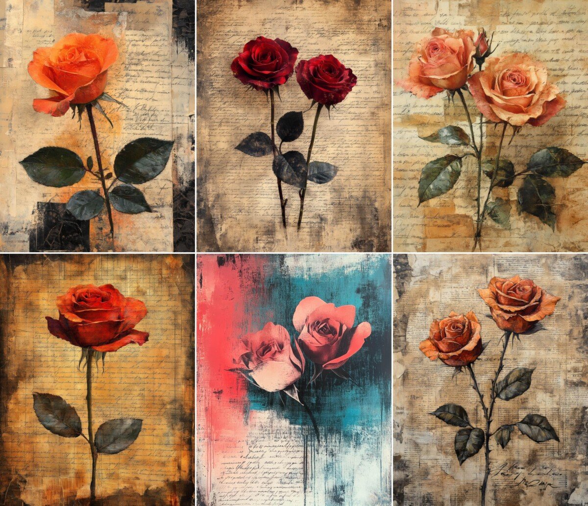 Rose artwork on tan manuscript and turquoise collage