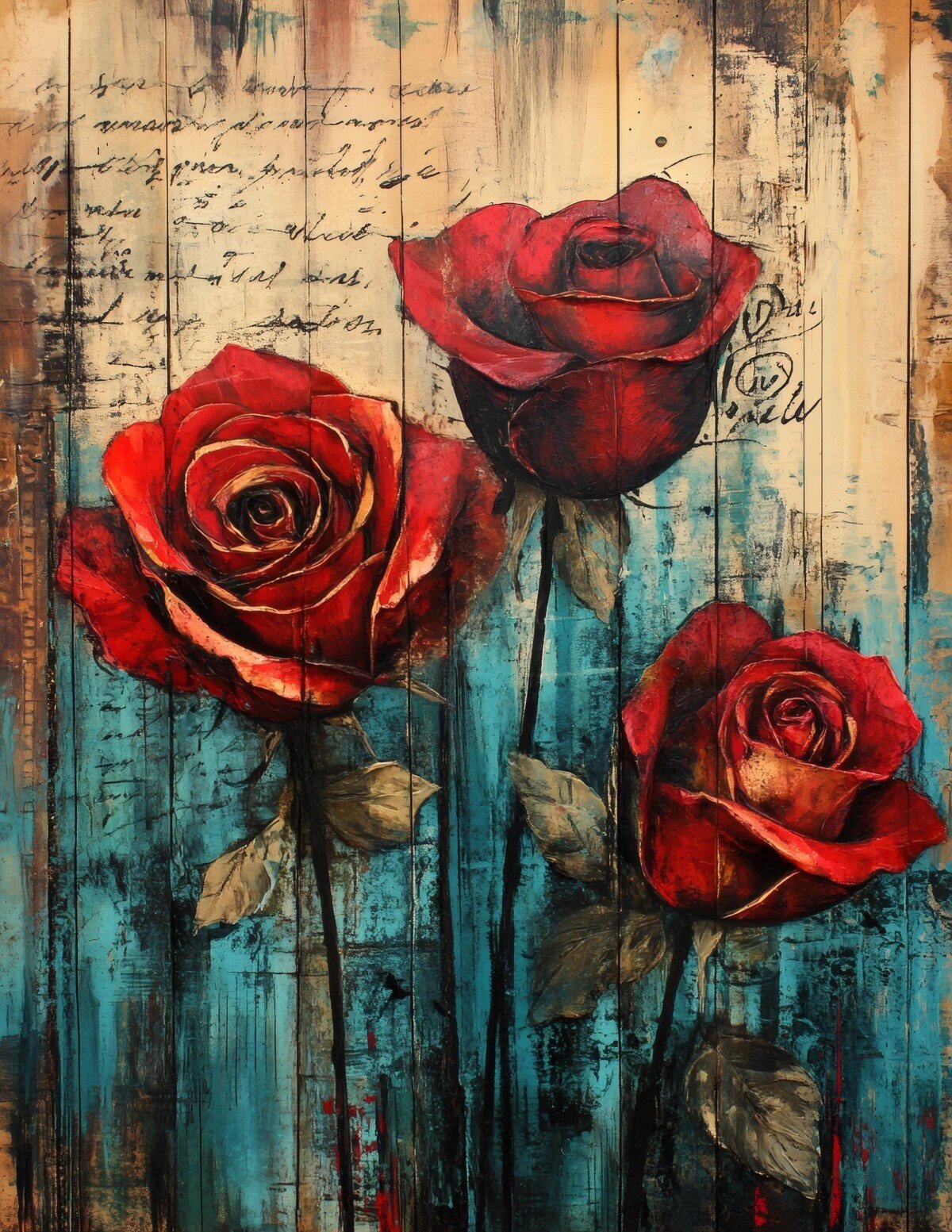 Red rose cluster against teal and antique manuscript textures