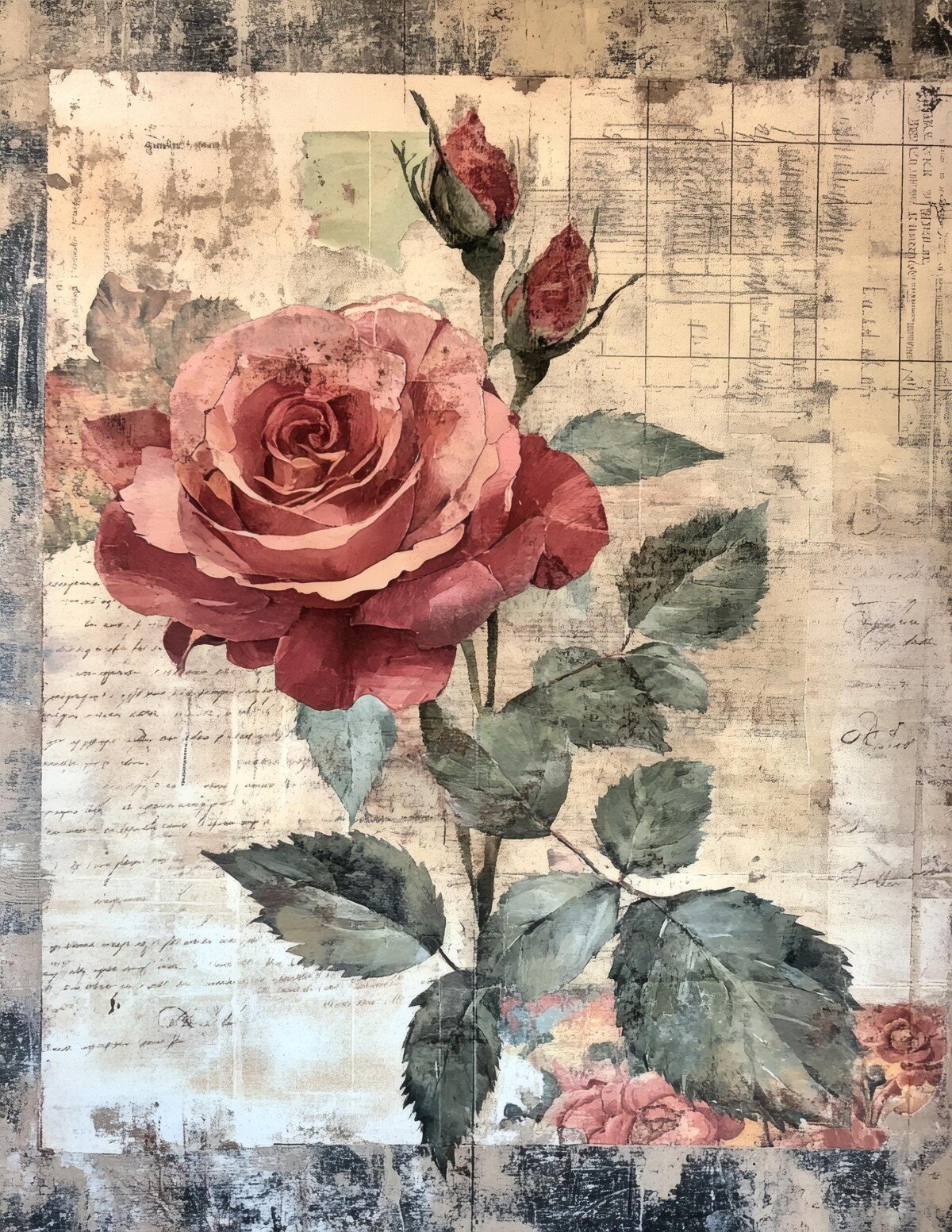 Pink rose and green leaves on faded script paper