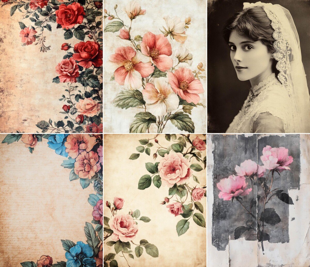 Floral illustrations and antique-style women’s portraits