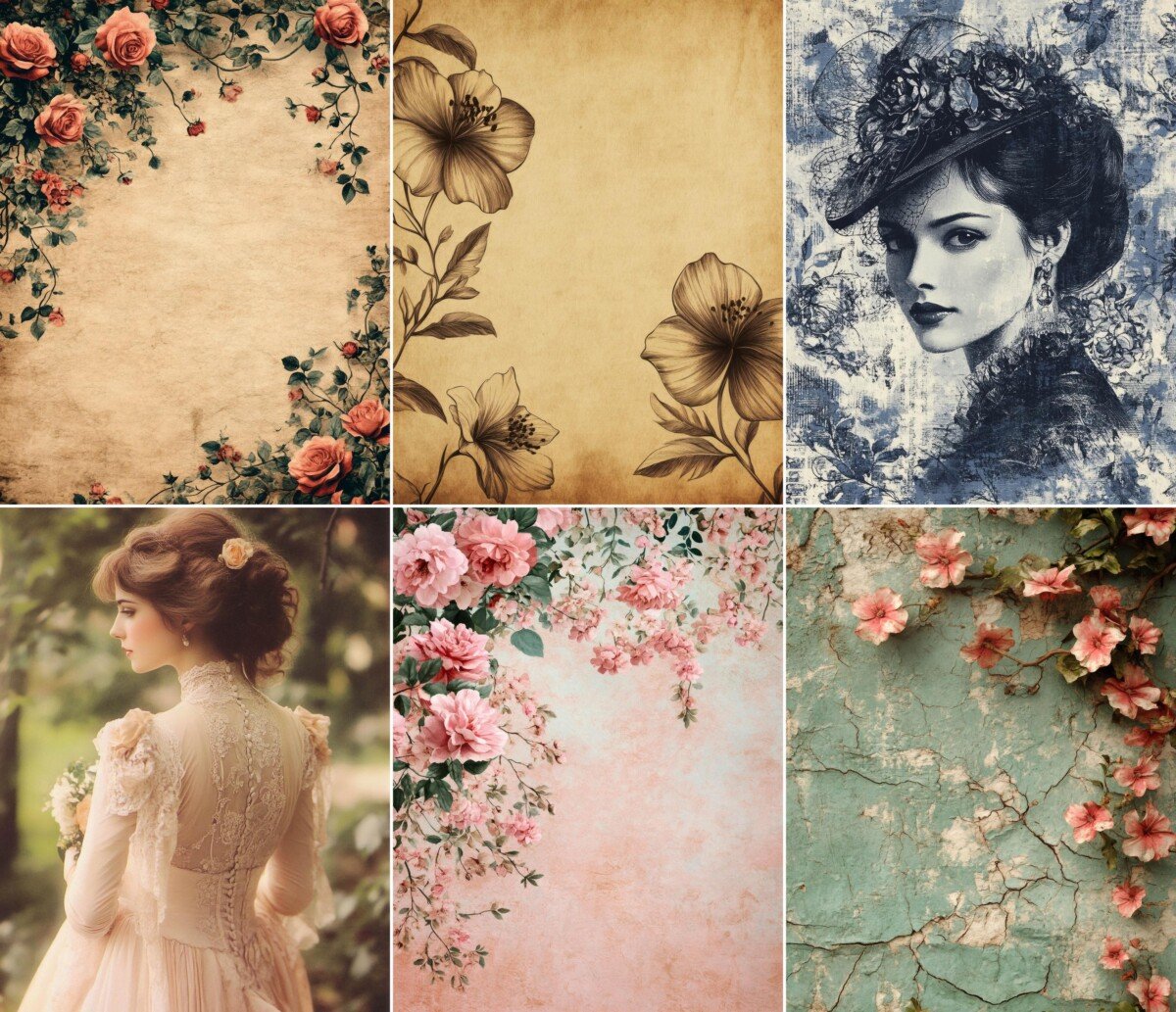 Roses and vintage portrait details on warm textured paper