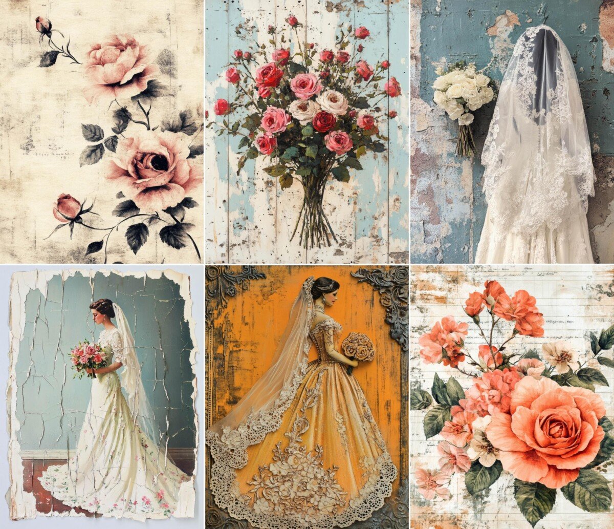 Bridal floral junk journal pages with vintage portraits and romantic flowers