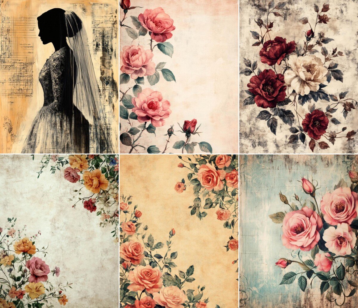 Rose illustrations and bridal figures on softly aged digital paper