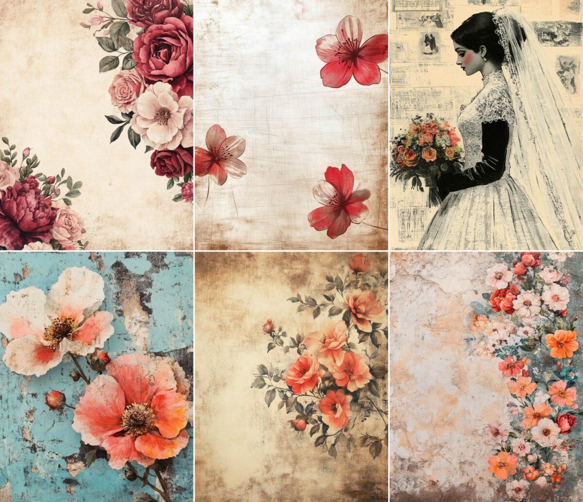 Romantic flower borders and bridal artwork on vintage backgrounds