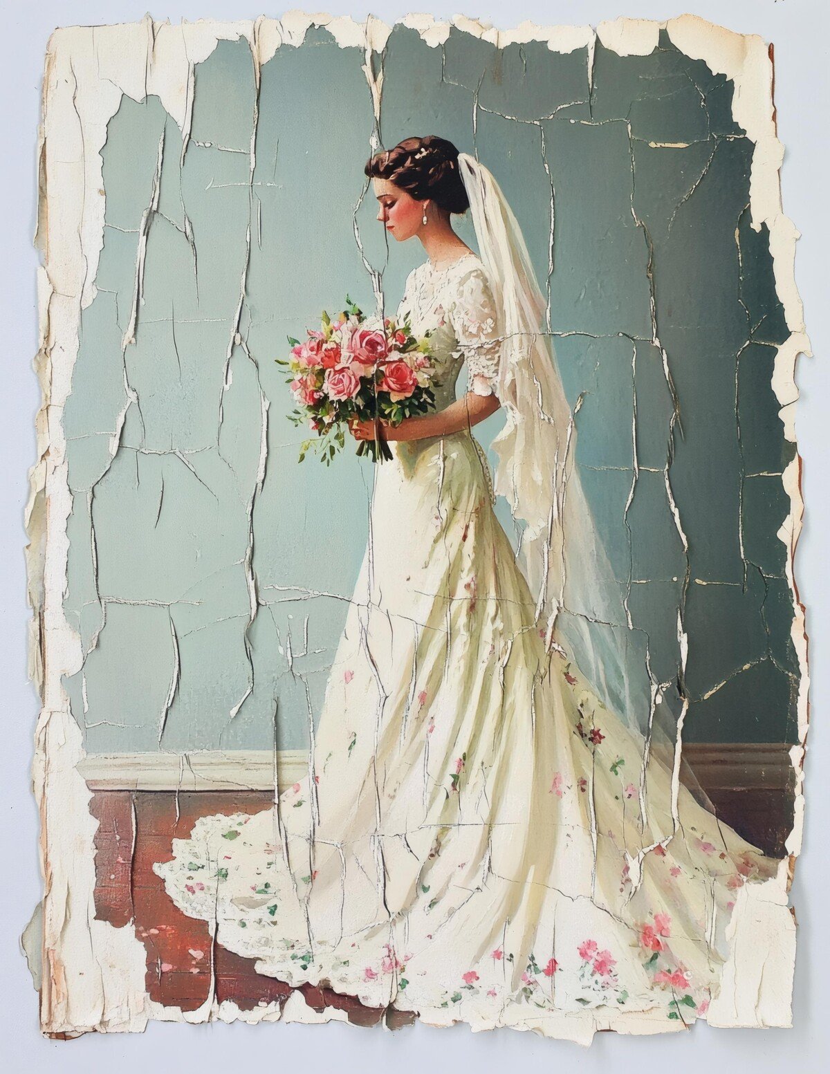 Bride holding a bouquet beside a faded blue background
