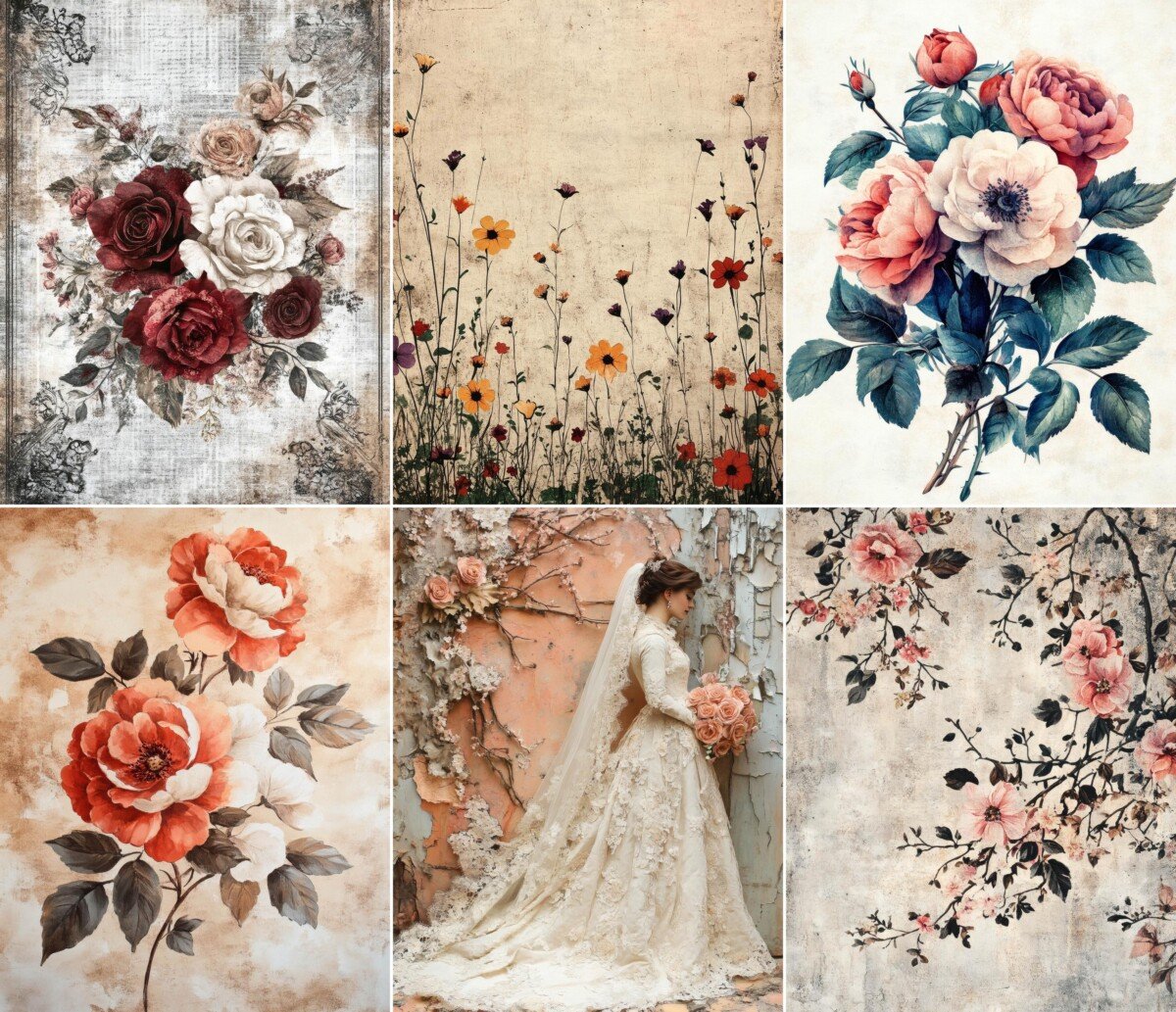 Romantic bouquets and delicate flowers on pale aged backgrounds