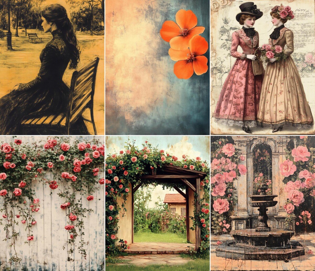 Romantic garden and floral illustrations on vintage digital paper