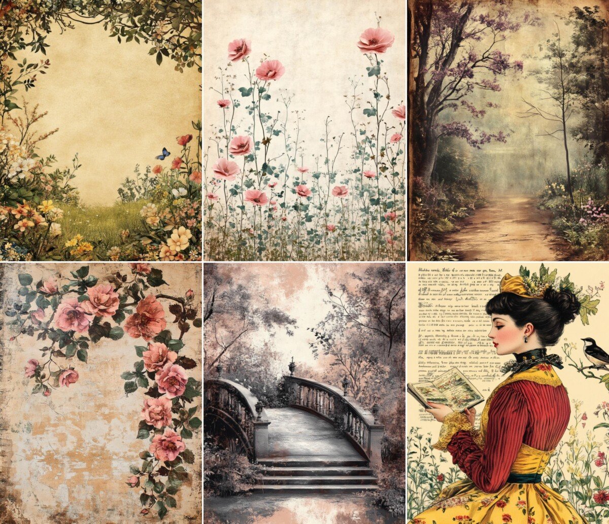 Romantic garden and floral illustrations on vintage digital paper