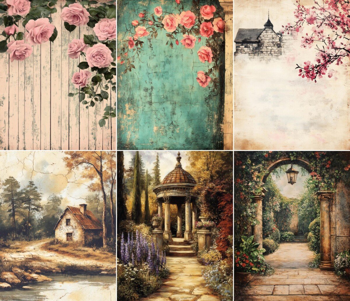 Romantic garden and floral illustrations on vintage digital paper