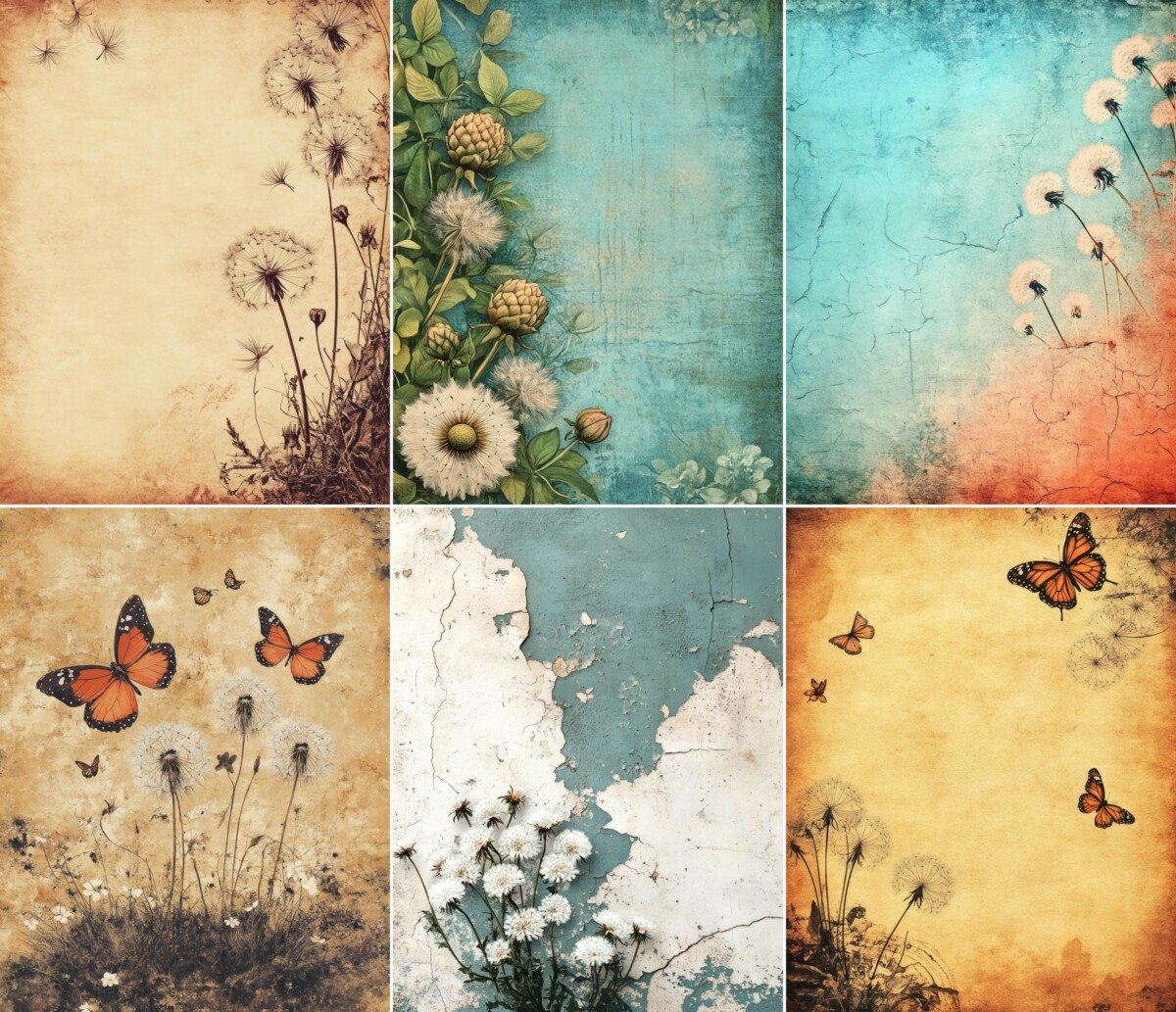 Vintage botanical digital paper with dandelions and distressed backgrounds