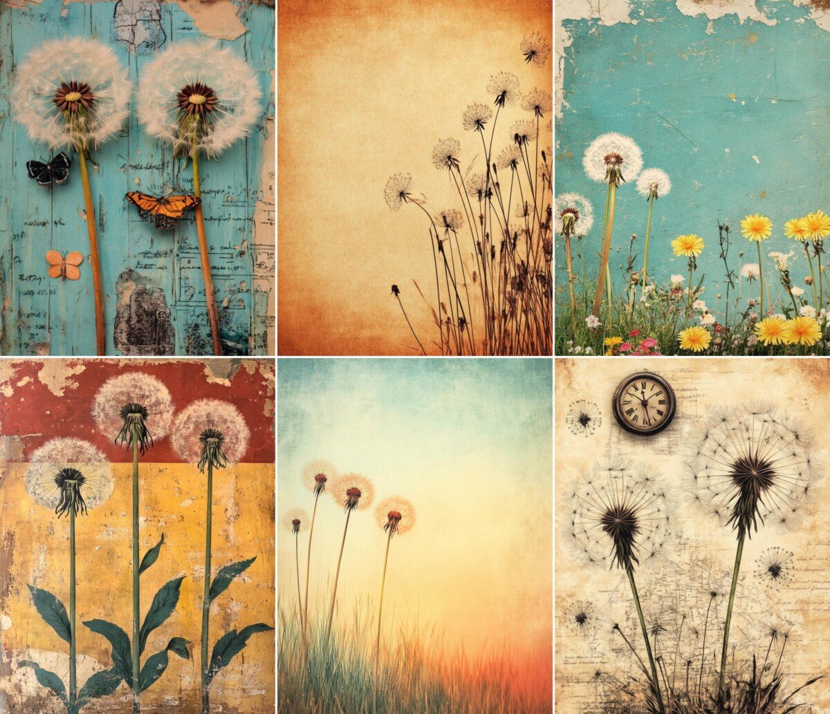 Vintage botanical digital paper with dandelions and distressed backgrounds