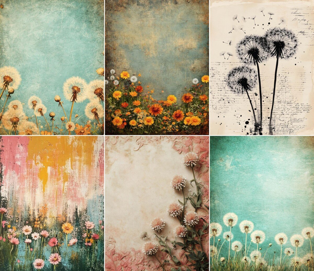 Vintage botanical digital paper with dandelions and distressed backgrounds