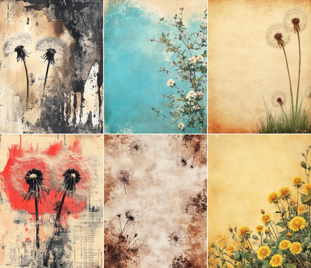 Vintage botanical digital paper with dandelions and distressed backgrounds