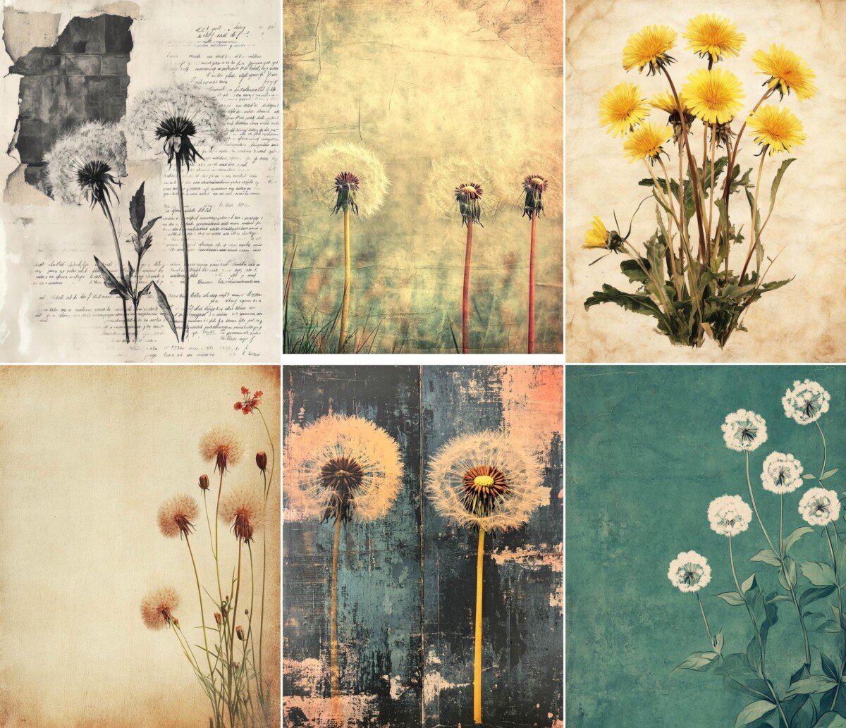 Vintage botanical digital paper with dandelions and distressed backgrounds