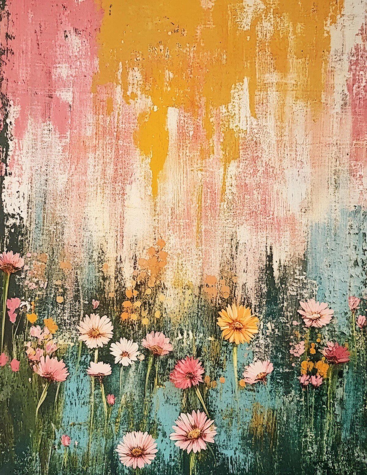 Distressed pink, ochre and blue botanical paper texture