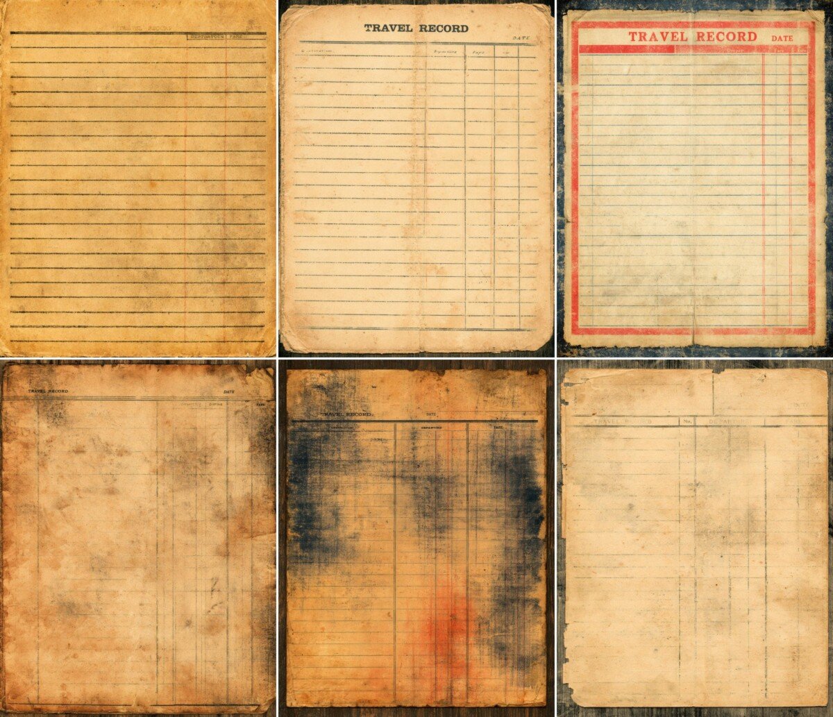 Vintage train travel record cards with faded ledger columns and distressed tan paper