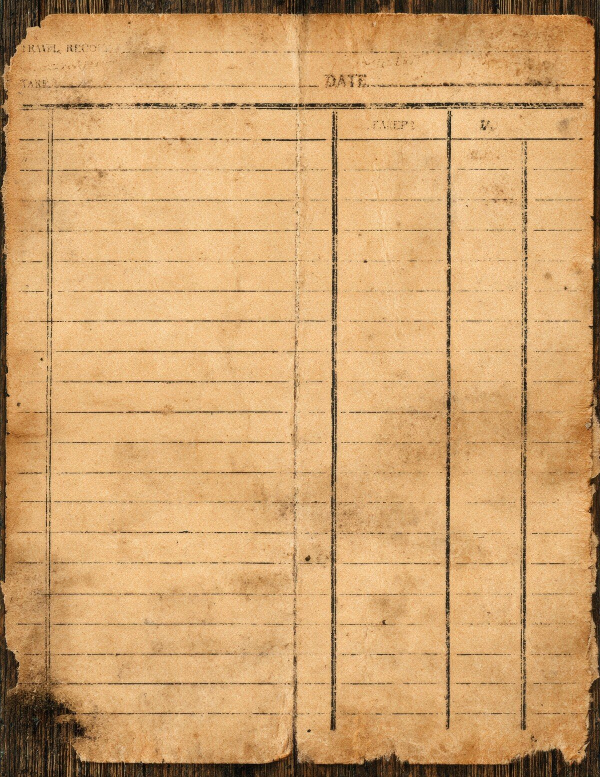 Vintage train record card preview with ruled travel ledger paper and worn edges