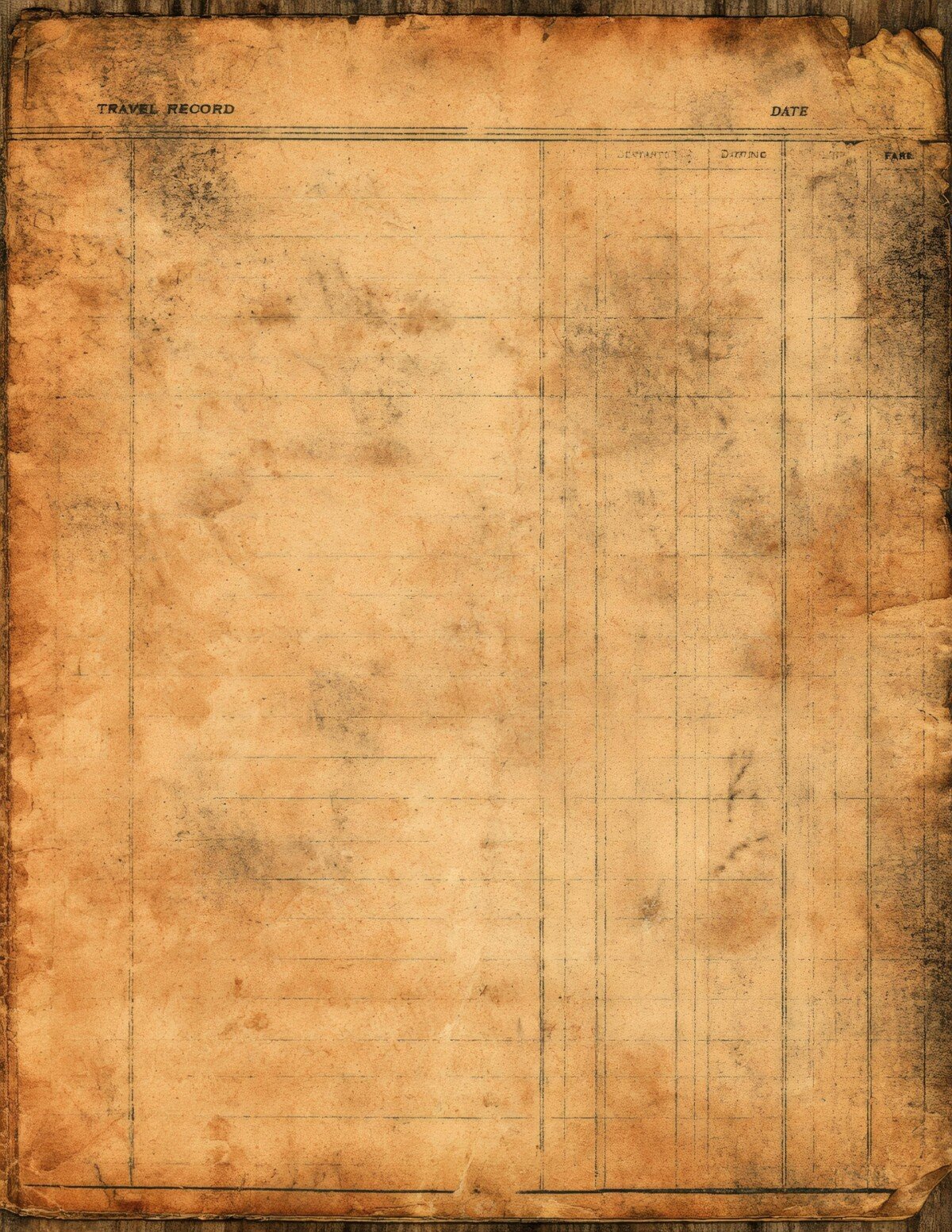 Vintage train record card preview with ruled travel ledger paper and worn edges