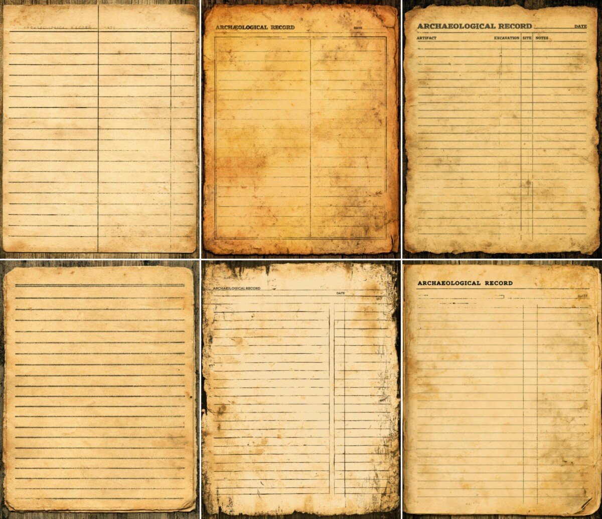 Archaeology record junk journal pages with aged lined paper and faded catalog headings