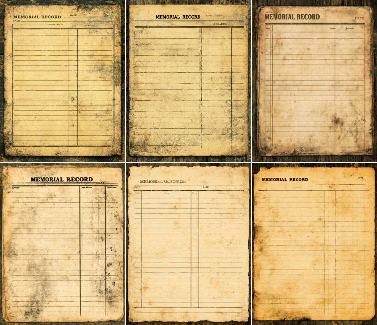 Aged memorial record paper with lined writing areas and simple columns