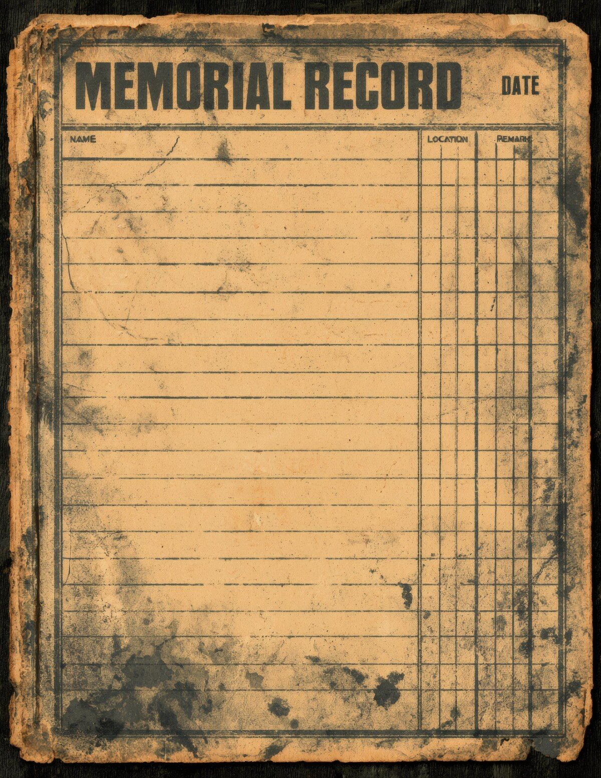 Aged memorial record paper with lined writing areas and simple columns