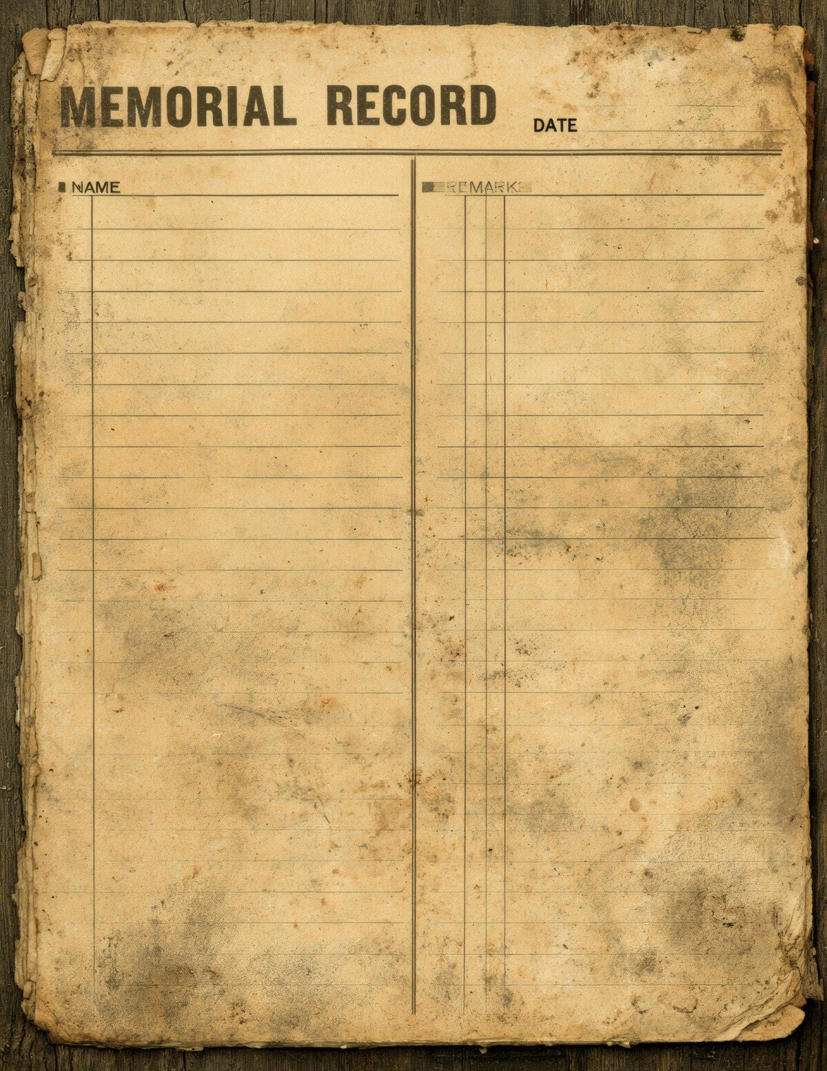 Aged memorial record paper with lined writing areas and simple columns