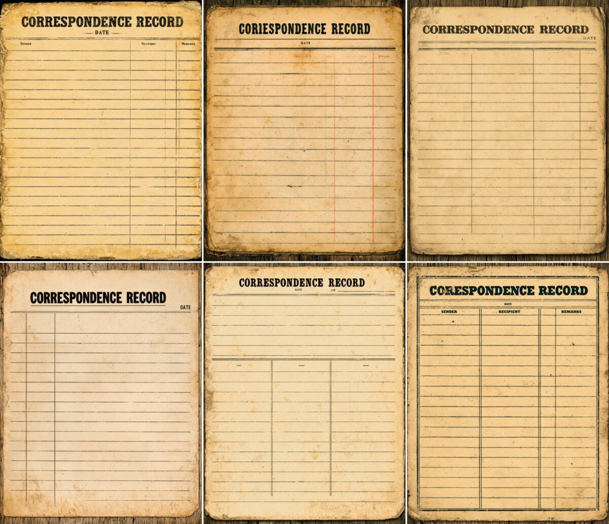 Aged correspondence record card with lined writing areas and columns