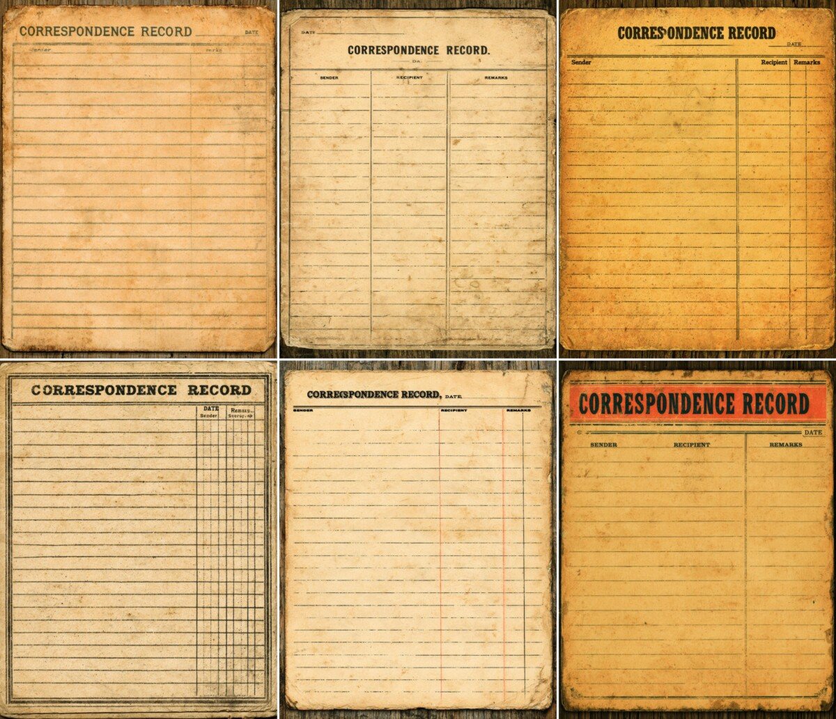 Aged correspondence record card with lined writing areas and columns