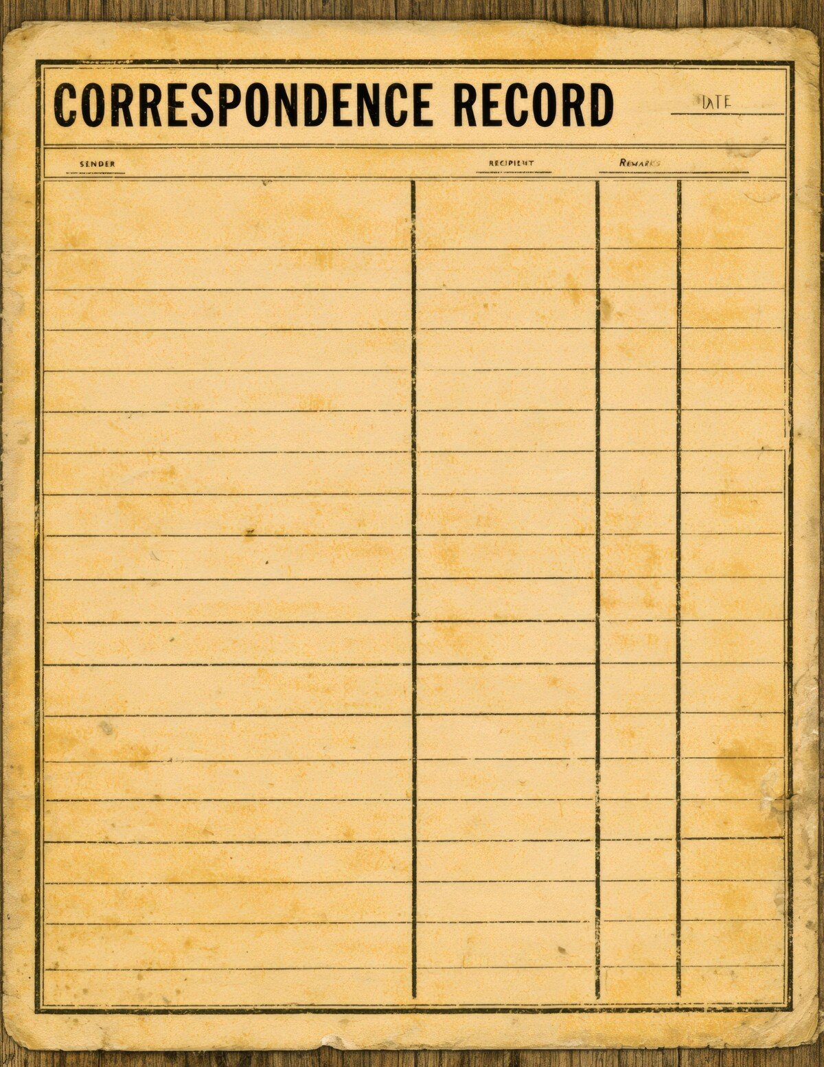 Aged correspondence record card with lined writing areas and columns