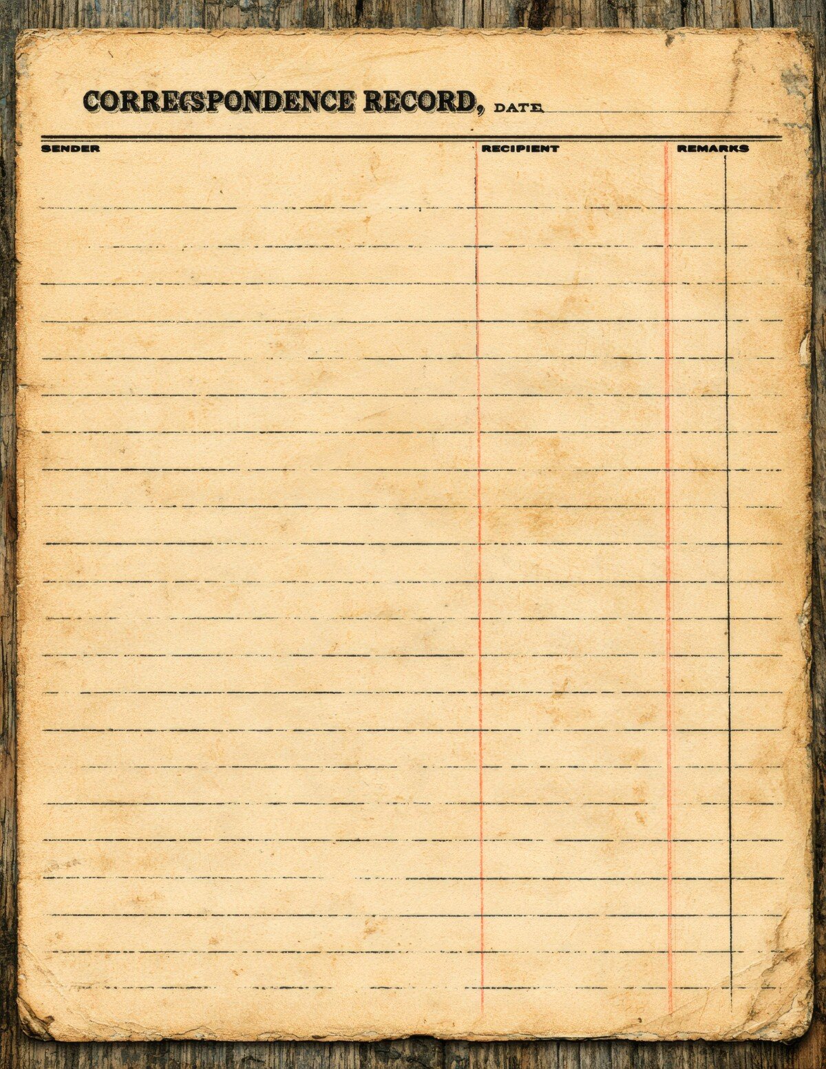 Aged correspondence record card with lined writing areas and columns
