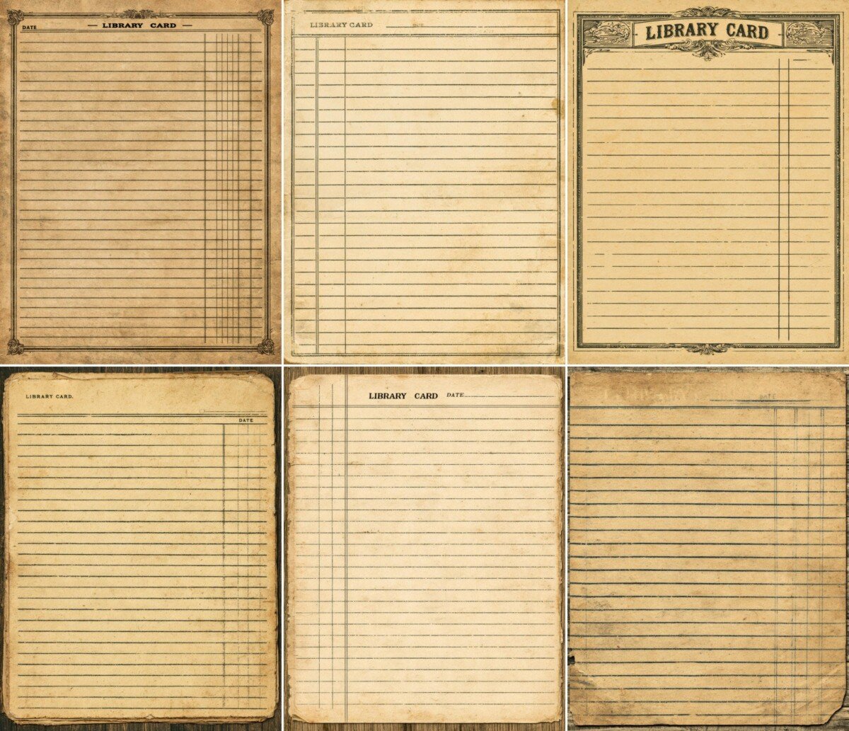 Lined library-card artwork with aged borders and vintage book-record styling