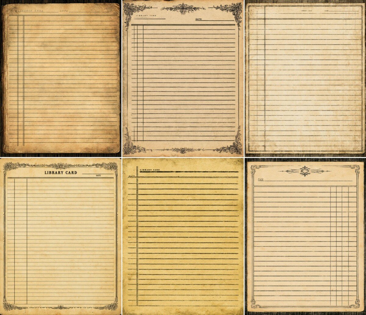 Lined library-card artwork with aged borders and vintage book-record styling
