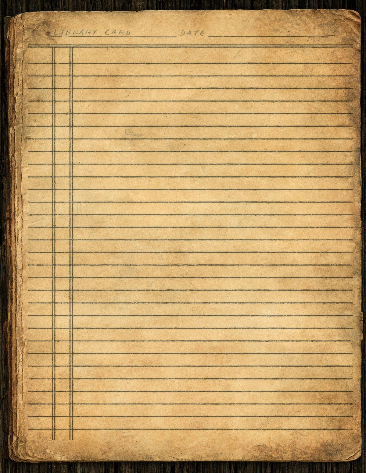 Lined library-card artwork with aged borders and vintage book-record styling