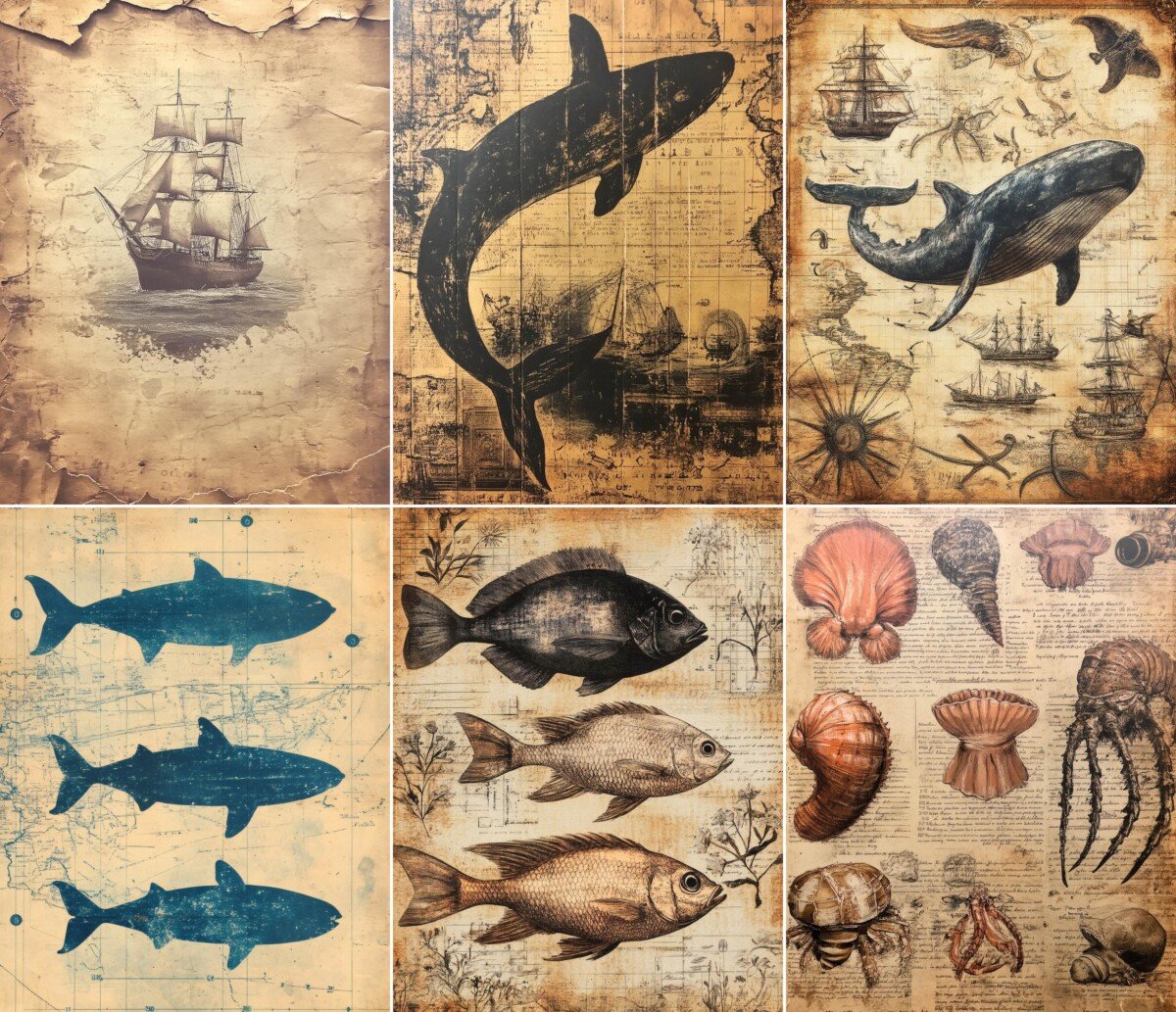 Vintage ocean digital paper with nautical illustrations and weathered textures