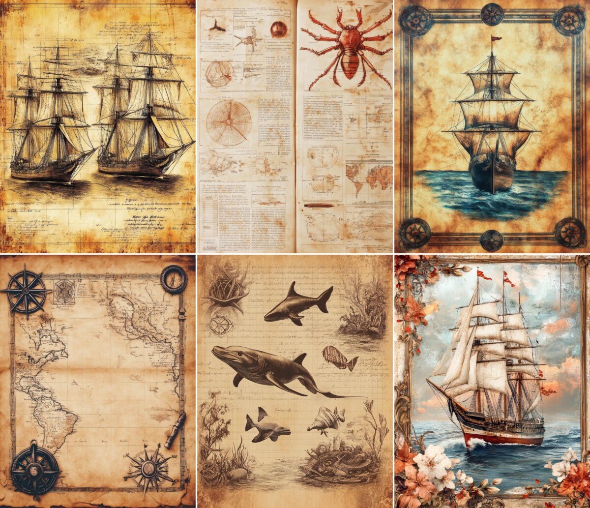 Vintage ocean digital paper with nautical illustrations and weathered textures