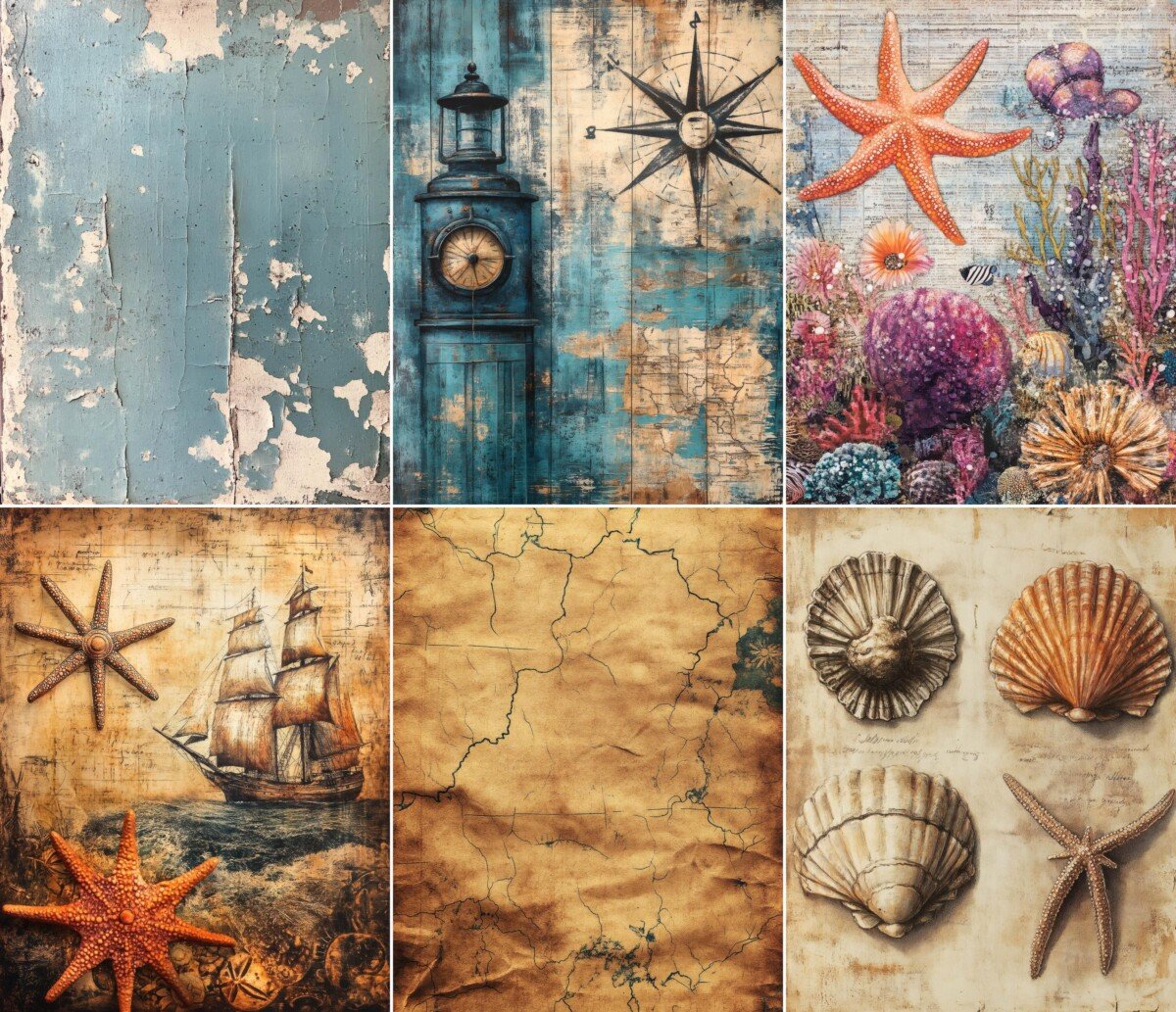 Vintage ocean digital paper with nautical illustrations and weathered textures