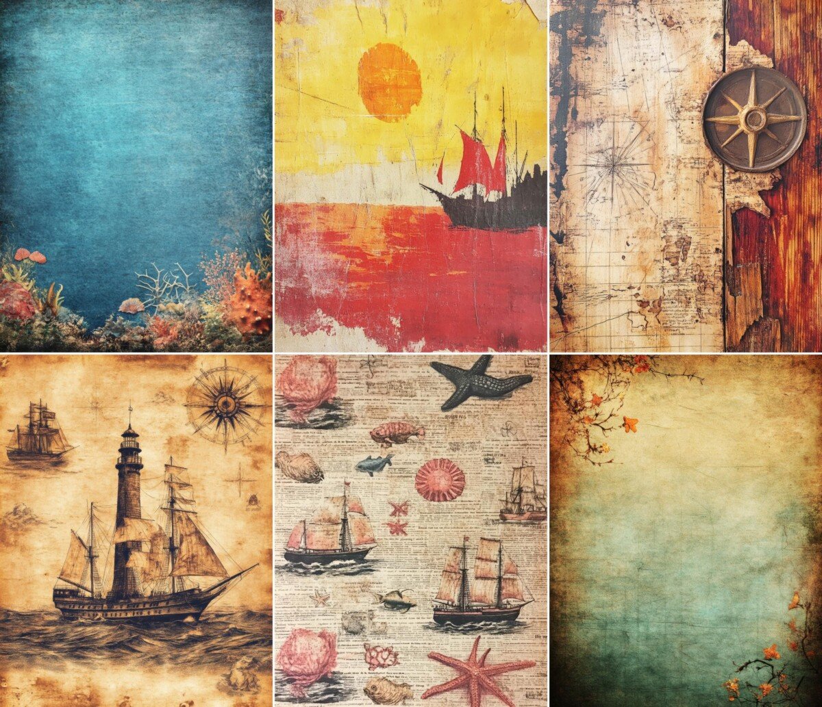 Vintage ocean digital paper with nautical illustrations and weathered textures