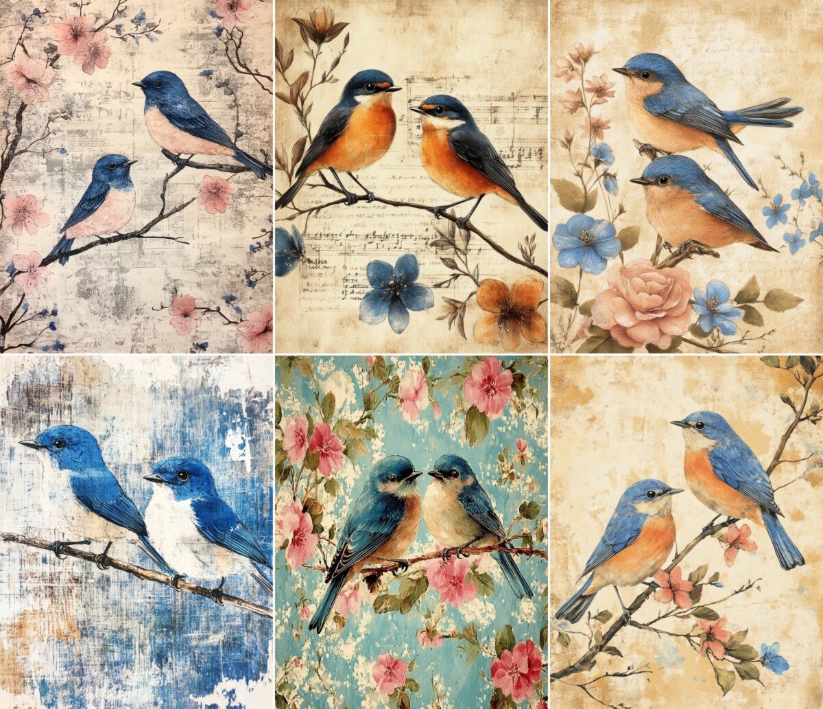 botanical – 56 Botanical Bluebirds Background Junk Journal Pages