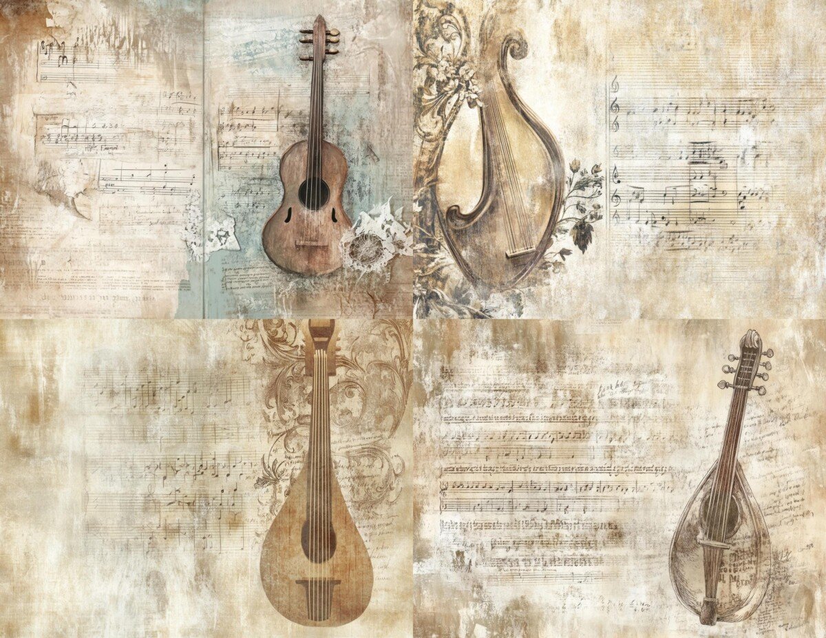 Preview of four vintage music journal spreads with string instruments and faded musical notation