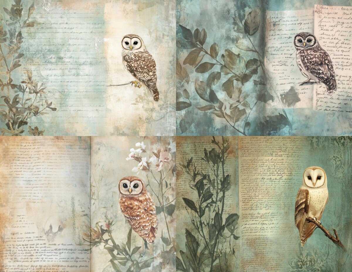 vintage – Vintage Owl Journal Pages, Woodland Junk Journal Papers, Forest Cottagecore Backgrounds, Printable Craft Papers, Digital Download