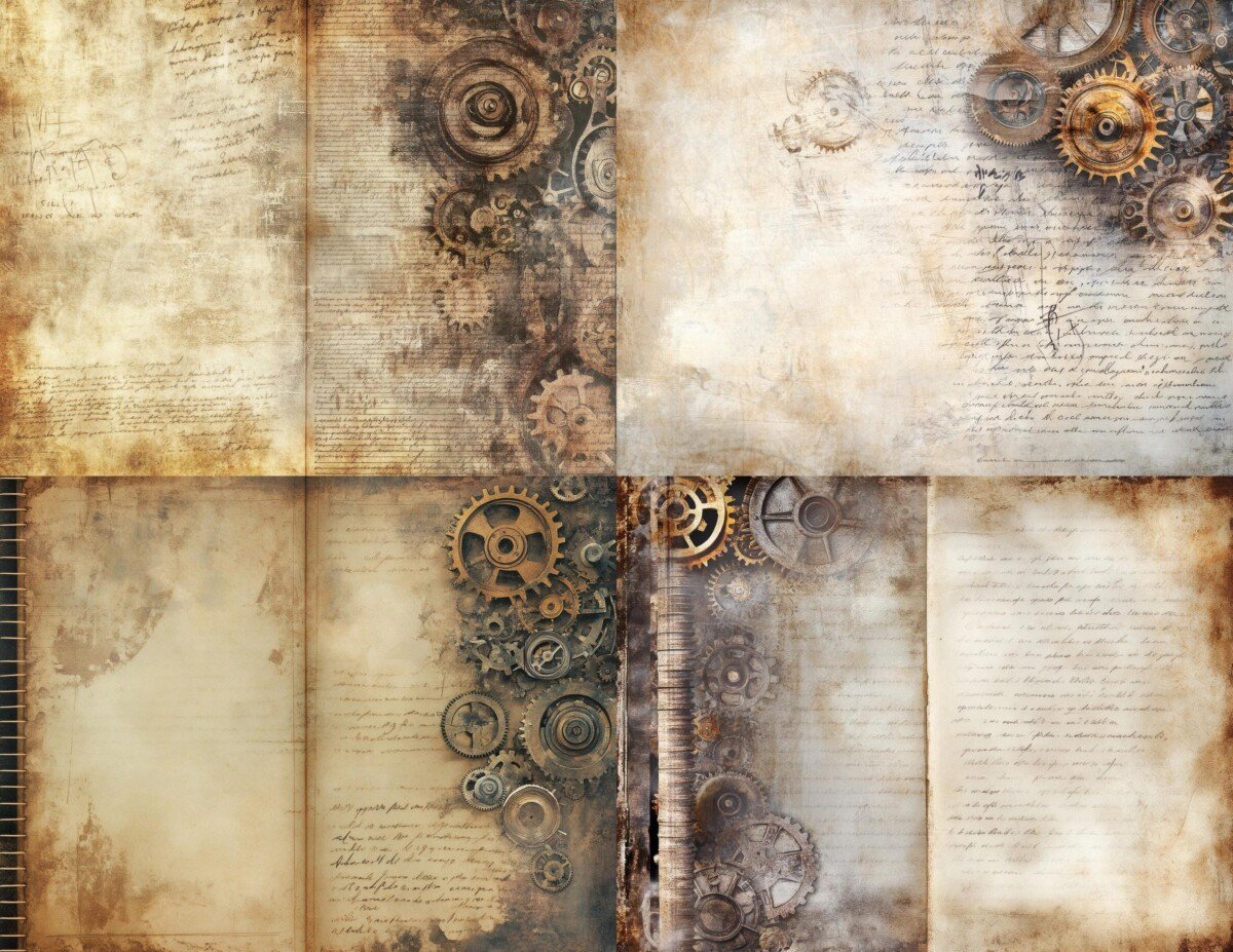 steampunk – Steampunk Journal Pages, Vintage Gear Background Papers, Industrial Collage Printables, Junk Journal Supplies, Digital Download