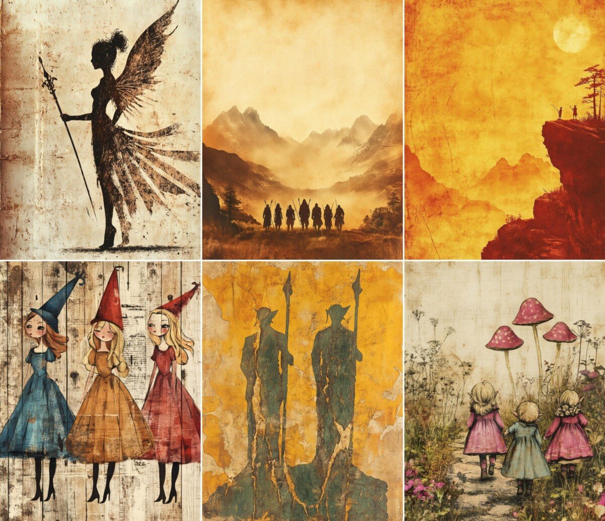 Fantasy journal paper preview with storybook figures and colorful aged collage textures