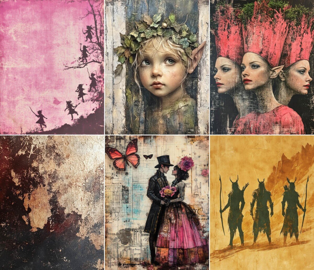 Fantasy journal paper preview with storybook figures and colorful aged collage textures