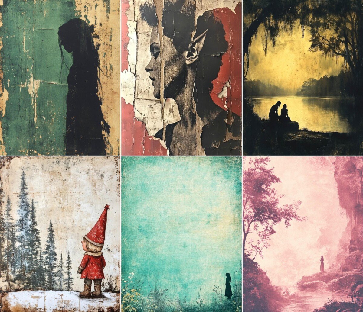 Fantasy journal paper preview with storybook figures and colorful aged collage textures
