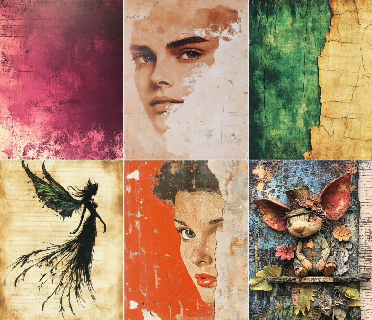 Fantasy journal paper preview with storybook figures and colorful aged collage textures